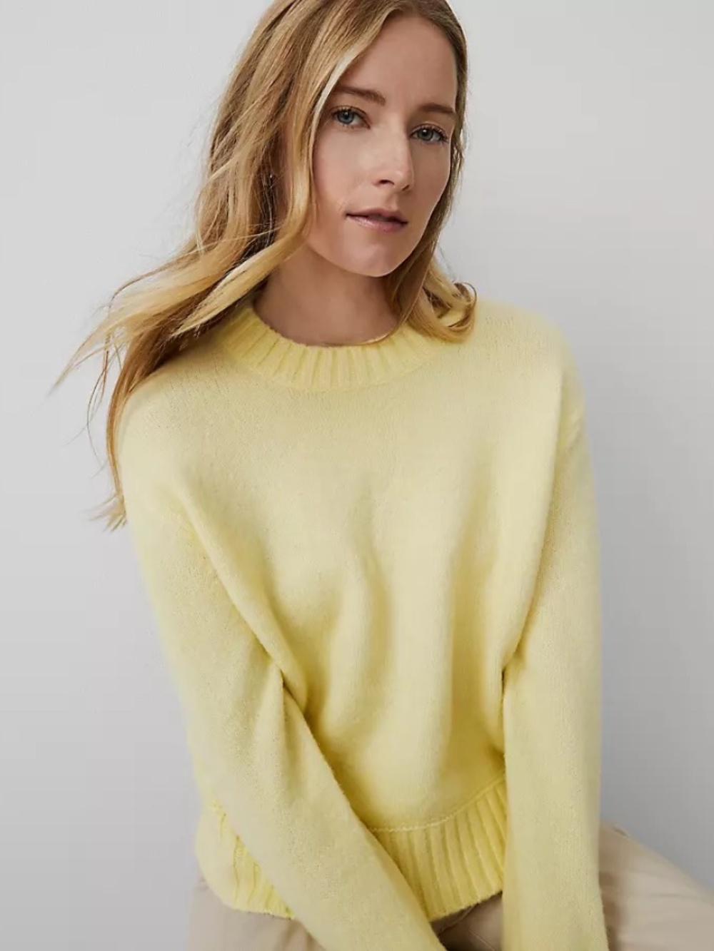 Ann Taylor Weekend Lemon Yellow Wool Blend Long Sleeve Crew Neck Sweater SZ L
